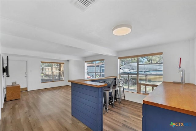 kitchen with plenty of natural light, visible vents, a kitchen breakfast bar, and light wood-style floors