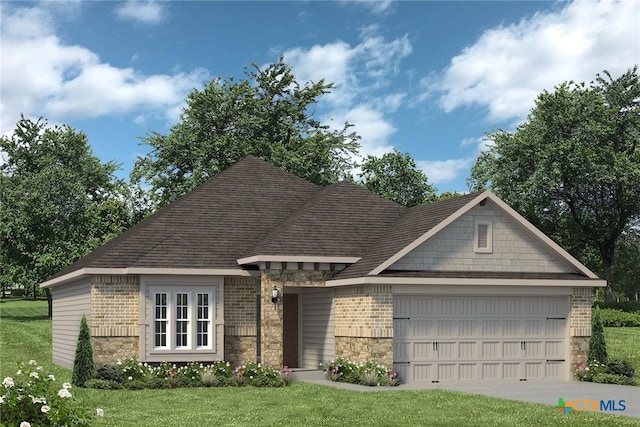 6210 Mcgregor Loop, Killeen, TX 76549 - view of front facade with brick siding, an attached garage, stone siding, a front yard, and roof with shingles
