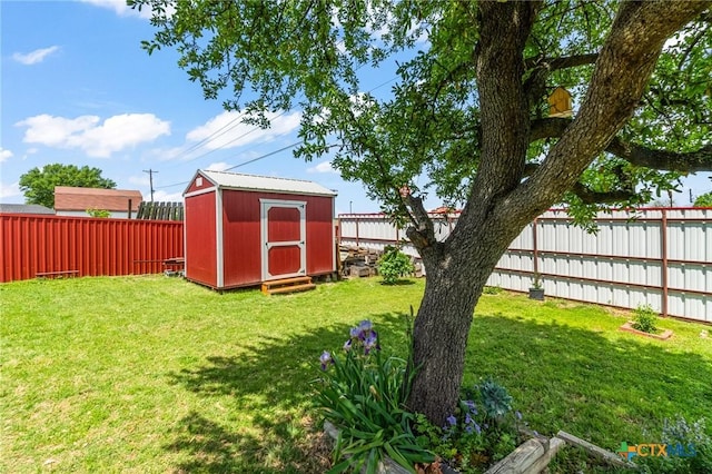view of yard with a fenced backyard, an outdoor structure, and a shed