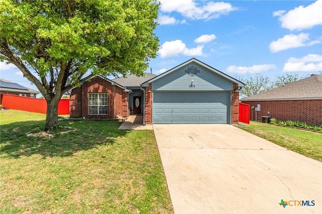 ranch-style house with a front lawn, driveway, fence, brick siding, and an attached garage