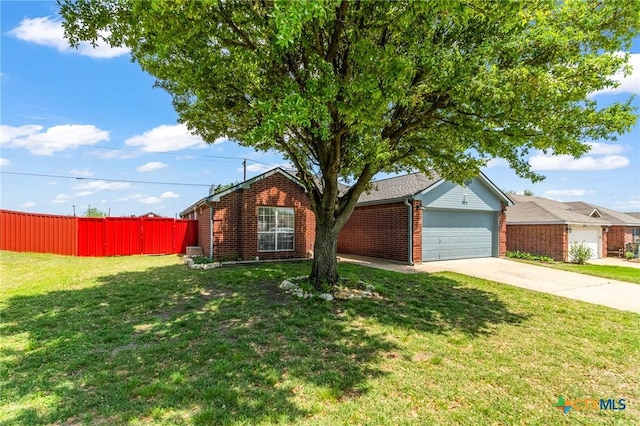 ranch-style house featuring a garage, brick siding, a front lawn, and fence