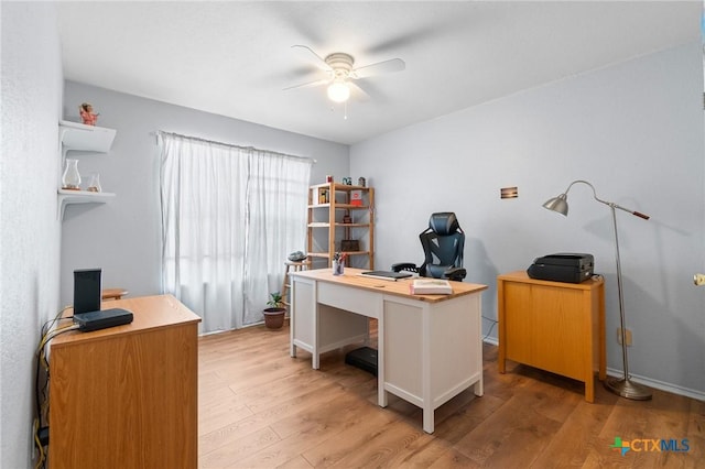 office area featuring light wood-style floors and a ceiling fan