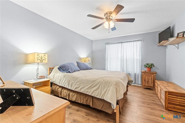 bedroom featuring light wood-type flooring and ceiling fan
