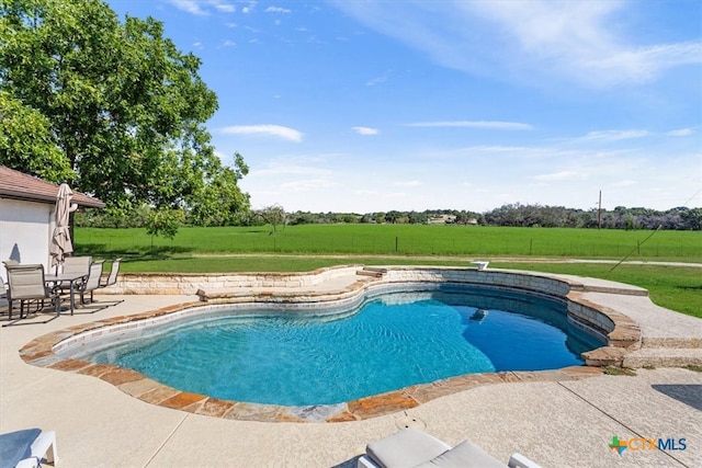 view of pool featuring a patio and a lawn