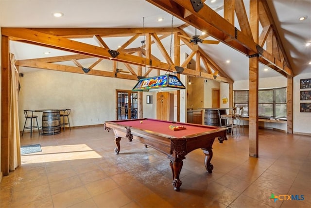 rec room featuring beam ceiling, high vaulted ceiling, tile patterned floors, and pool table