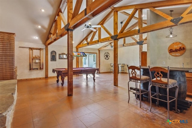 playroom featuring high vaulted ceiling, ceiling fan, beam ceiling, and billiards