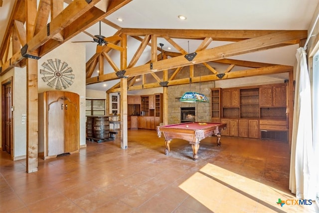 rec room featuring ceiling fan, beamed ceiling, high vaulted ceiling, light tile patterned flooring, and pool table