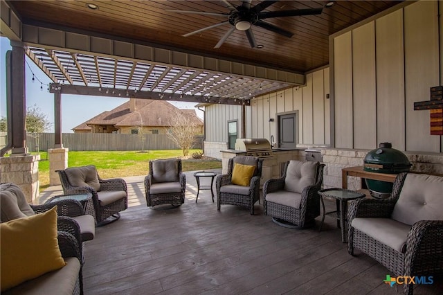 view of patio with a deck, area for grilling, fence, an outdoor living space, and a pergola