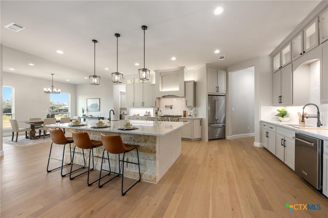 713 San Gabriel Ranch Rd, Liberty Hill, TX 78641 - kitchen with stainless steel appliances, a sink, custom exhaust hood, backsplash, and a kitchen breakfast bar