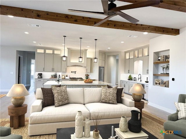 713 San Gabriel Ranch Rd, Liberty Hill, TX 78641 - living area featuring ceiling fan, beam ceiling, recessed lighting, baseboards, and wood finished floors