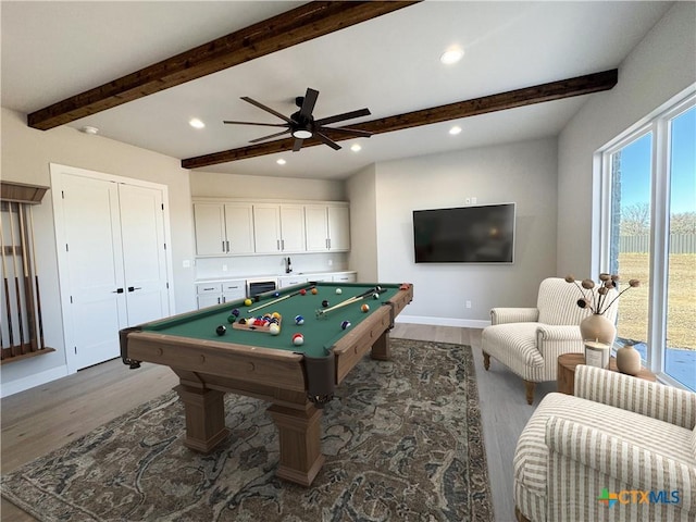 713 San Gabriel Ranch Rd, Liberty Hill, TX 78641 - rec room featuring wood finished floors, beam ceiling, pool table, recessed lighting, and a ceiling fan