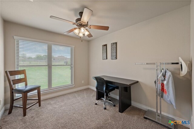office space featuring baseboards, carpet flooring, and ceiling fan