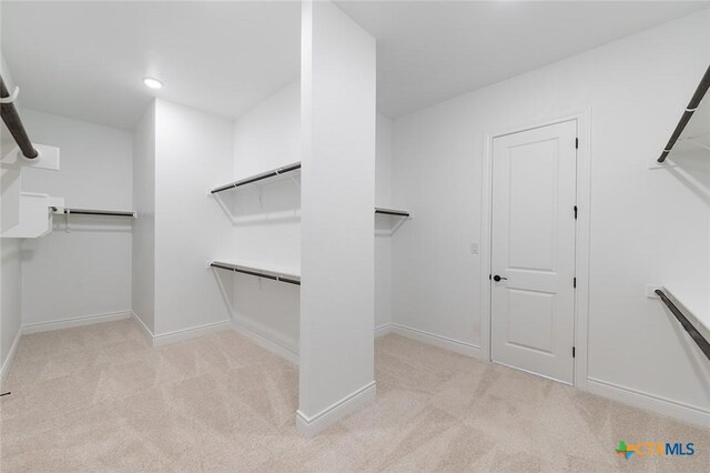 walk in closet featuring light colored carpet