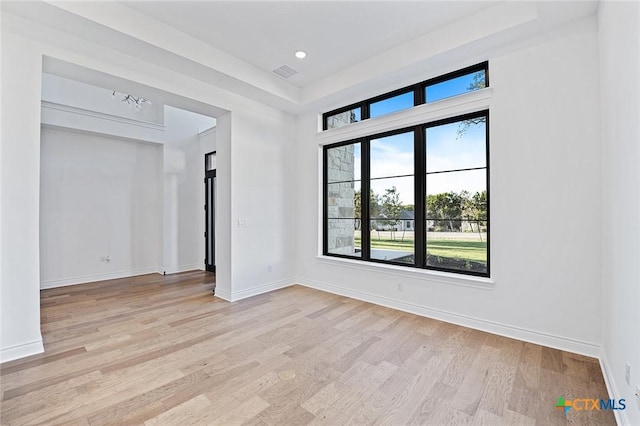 unfurnished room with a raised ceiling and light hardwood / wood-style flooring