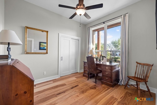 office space with light hardwood / wood-style floors and ceiling fan