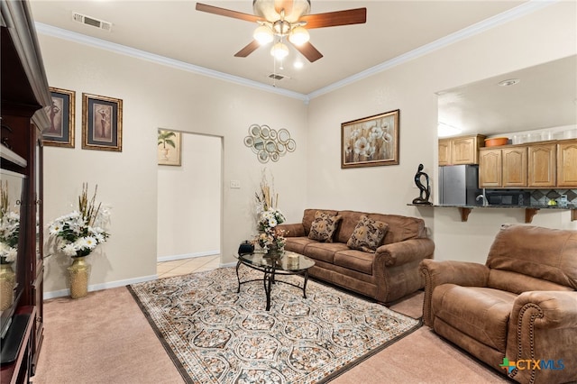 2004 Excel Dr, Killeen, TX 76542 - living area featuring ceiling fan, ornamental molding, and light carpet
