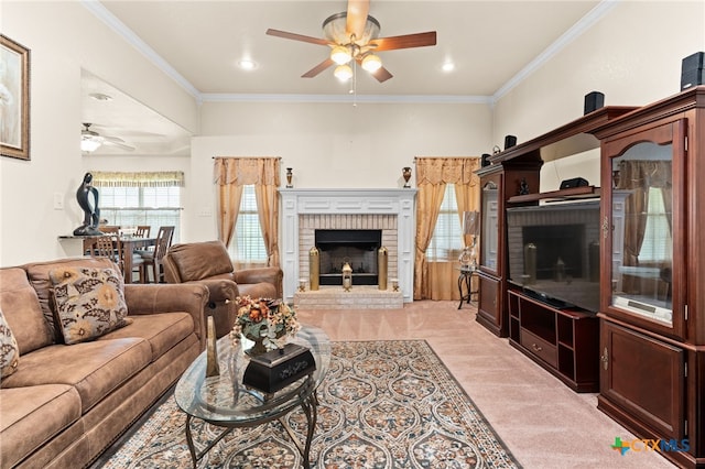 2004 Excel Dr, Killeen, TX 76542 - living room with a ceiling fan, a fireplace, light colored carpet, and crown molding