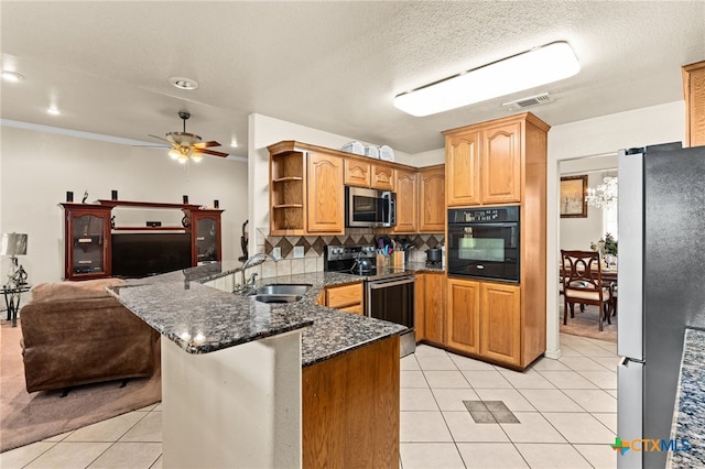 2004 Excel Dr, Killeen, TX 76542 - kitchen with stainless steel appliances, a peninsula, open shelves, light tile patterned floors, and backsplash