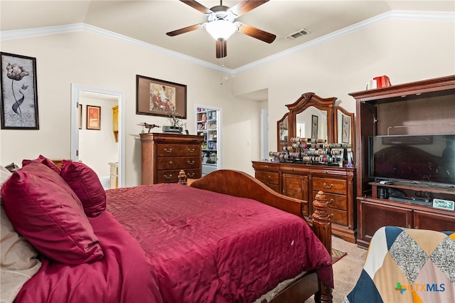 2004 Excel Dr, Killeen, TX 76542 - bedroom featuring carpet, lofted ceiling, ornamental molding, ensuite bath, and a ceiling fan