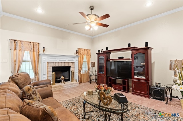2004 Excel Dr, Killeen, TX 76542 - living area featuring light carpet, ceiling fan, ornamental molding, and a brick fireplace