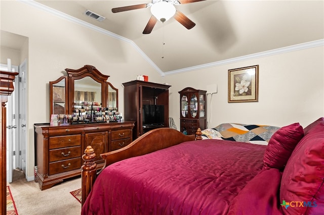 2004 Excel Dr, Killeen, TX 76542 - bedroom with light carpet, crown molding, vaulted ceiling, and ceiling fan