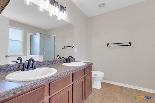 9301 Bellgrove Ct, Killeen, TX 76542 - full bath featuring a stall shower, baseboards, double vanity, tile patterned flooring, and toilet