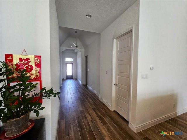 2961 Grove Way, Seguin, TX 78155 - corridor featuring dark wood-type flooring, vaulted ceiling, arched walkways, and a textured ceiling