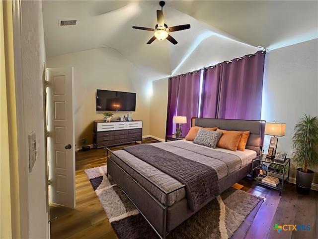 2961 Grove Way, Seguin, TX 78155 - bedroom featuring wood finished floors, lofted ceiling, and ceiling fan