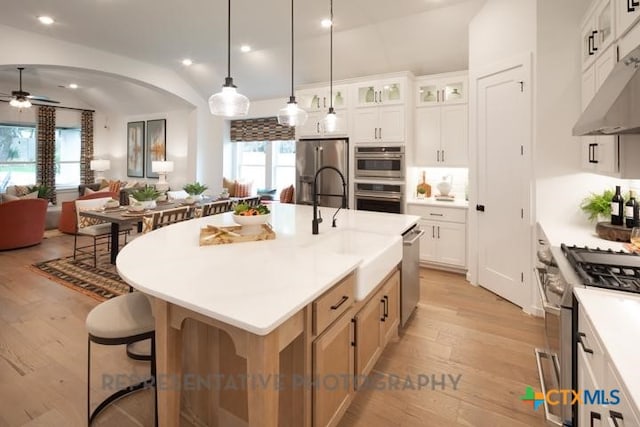 kitchen featuring a ceiling fan, lofted ceiling, a sink, light wood finished floors, and stainless steel appliances
