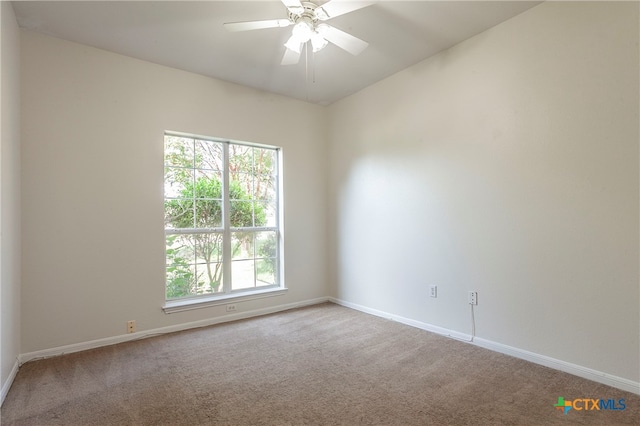 spare room featuring a wealth of natural light, ceiling fan, and carpet floors