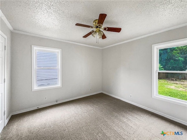 empty room with carpet flooring, ornamental molding, a textured ceiling, and ceiling fan