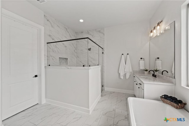 bathroom with baseboards, a marble finish shower, recessed lighting, vanity, and marble finish floor