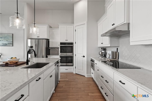 kitchen featuring appliances with stainless steel finishes, under cabinet range hood, backsplash, a sink, and white cabinetry