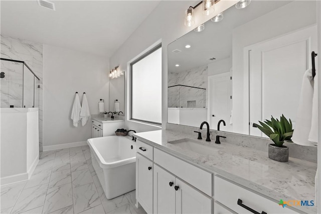 full bathroom featuring a marble finish shower, marble finish floor, visible vents, a freestanding bath, and baseboards