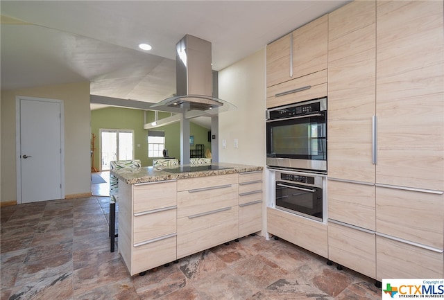 kitchen with island range hood, light brown cabinets, kitchen peninsula, black electric cooktop, and double oven