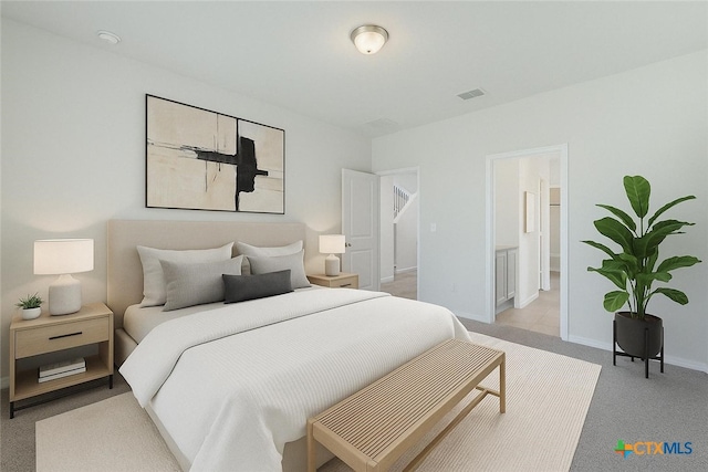 300 Jacks Pl, Seguin, TX 78155 - bedroom with light carpet, baseboards, and connected bathroom