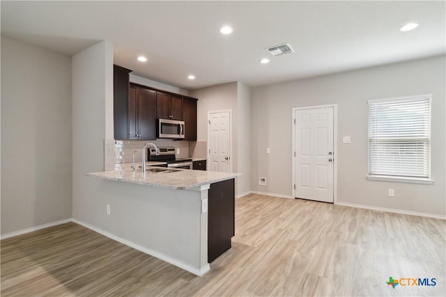 kitchen featuring dark brown cabinetry, visible vents, appliances with stainless steel finishes, a sink, and light wood finished floors