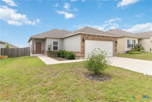 ranch-style home featuring a front yard, a garage, brick siding, fence, and concrete driveway