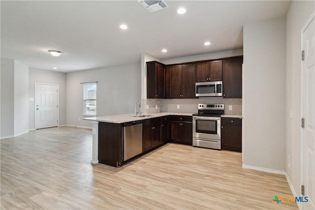 kitchen featuring dark brown cabinetry, visible vents, a sink, a peninsula, and stainless steel appliances