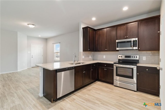 kitchen with dark brown cabinetry, appliances with stainless steel finishes, a sink, a peninsula, and light wood-style floors