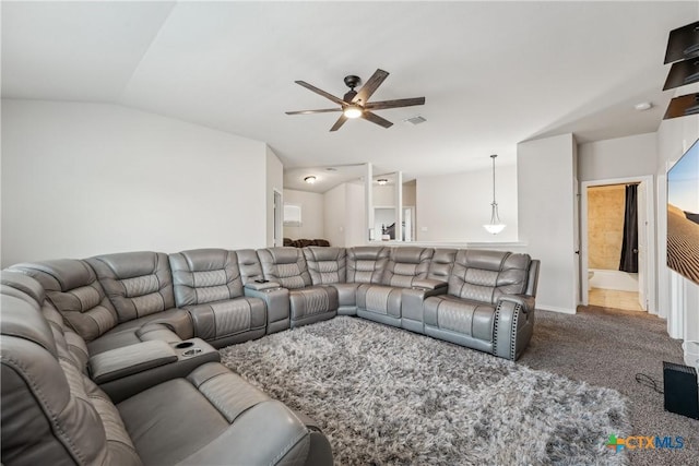 3225 Vineyard Trl, Harker Heights, TX 76548 - carpeted living area featuring ceiling fan and vaulted ceiling