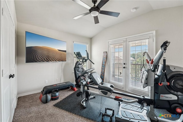 3225 Vineyard Trl, Harker Heights, TX 76548 - workout room with lofted ceiling, a ceiling fan, and carpet flooring