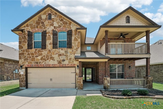 3225 Vineyard Trl, Harker Heights, TX 76548 - view of front of house featuring a balcony, stone siding, concrete driveway, and brick siding