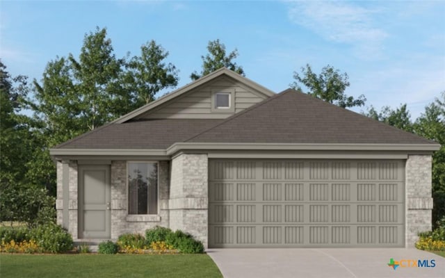 view of front facade with driveway, stone siding, a garage, and a front lawn