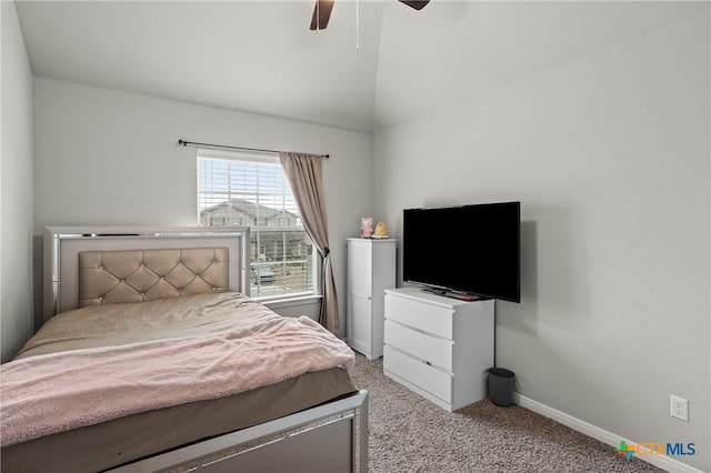 bedroom with light carpet, vaulted ceiling, and ceiling fan