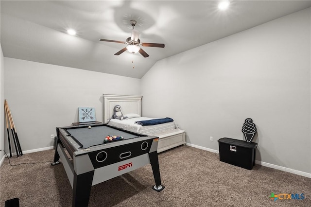 playroom featuring lofted ceiling, ceiling fan, and carpet floors