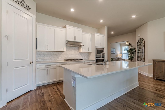 kitchen featuring a kitchen island with sink, a sink, under cabinet range hood, backsplash, and dark wood-style floors