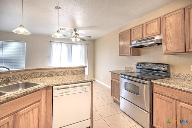 kitchen with light tile patterned floors, sink, dishwasher, decorative light fixtures, and stainless steel electric range