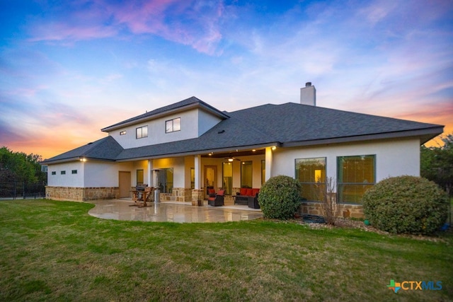750 Cambridge Dr, New Braunfels, TX 78132 - back of property with a patio, stucco siding, a lawn, and a chimney