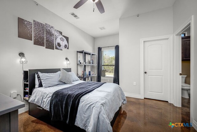 750 Cambridge Dr, New Braunfels, TX 78132 - bedroom featuring finished concrete flooring, baseboards, and ceiling fan